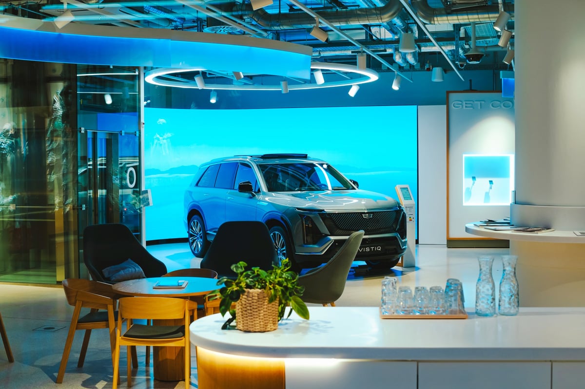 Zurich, Switzerland, November 22 2025. Cadillac Vistiq electric SUV inside dealer showroom on Bahnhofstrasse. Late evening, artificial illumination, no people